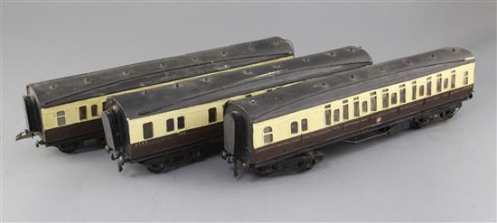 A set of three GWR corridor coaches, nos.1234, 3456 and 2349, in chocolate and cream, 1 or 3 rail